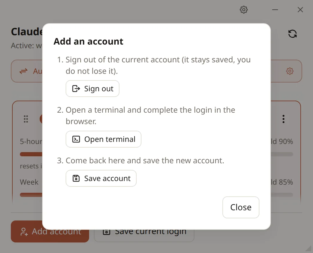 The Add account dialog with its three steps: sign out, open terminal, save account.