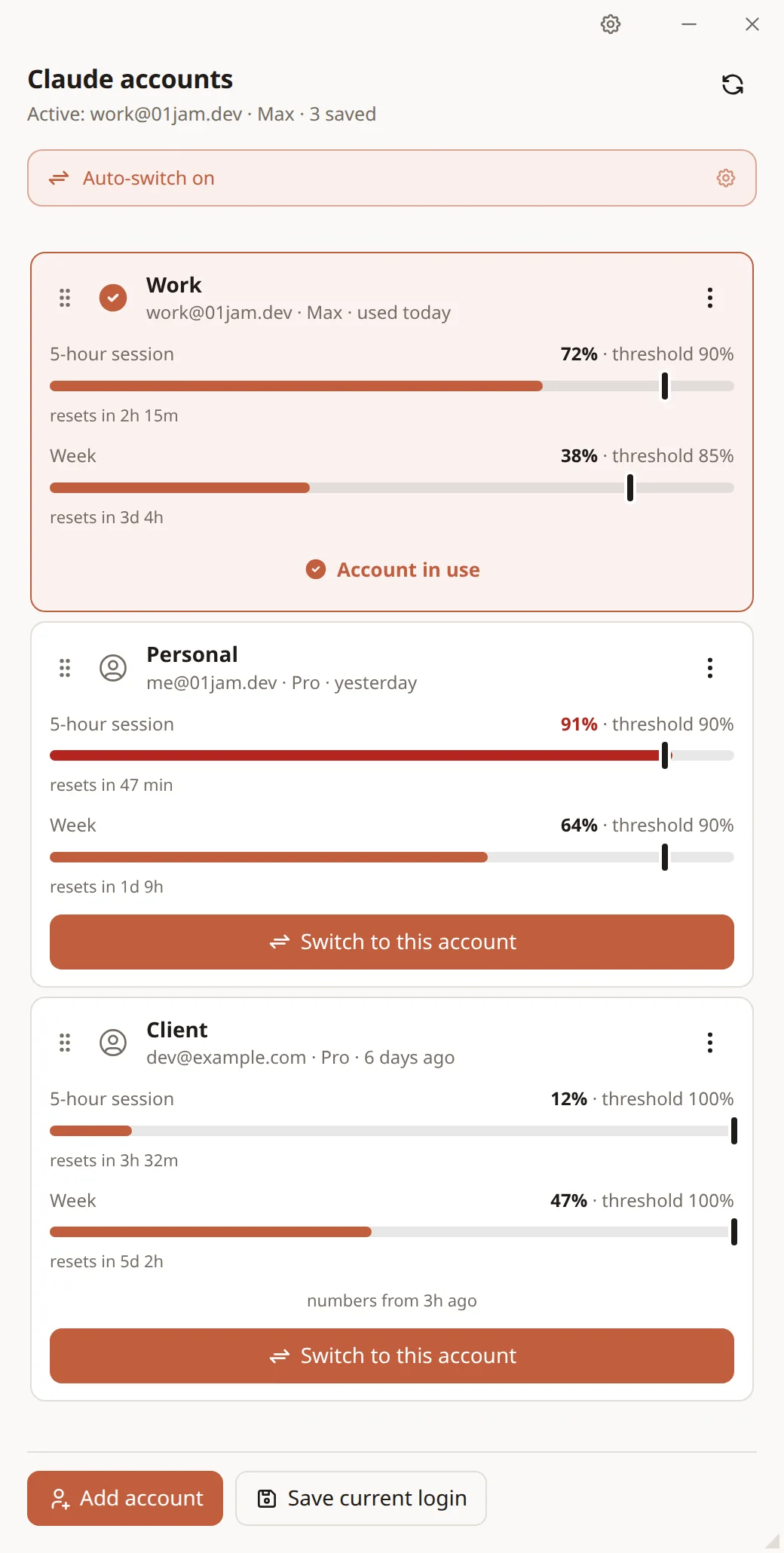 The app window: three saved accounts, each with a 5-hour and a weekly usage meter, the active one highlighted.